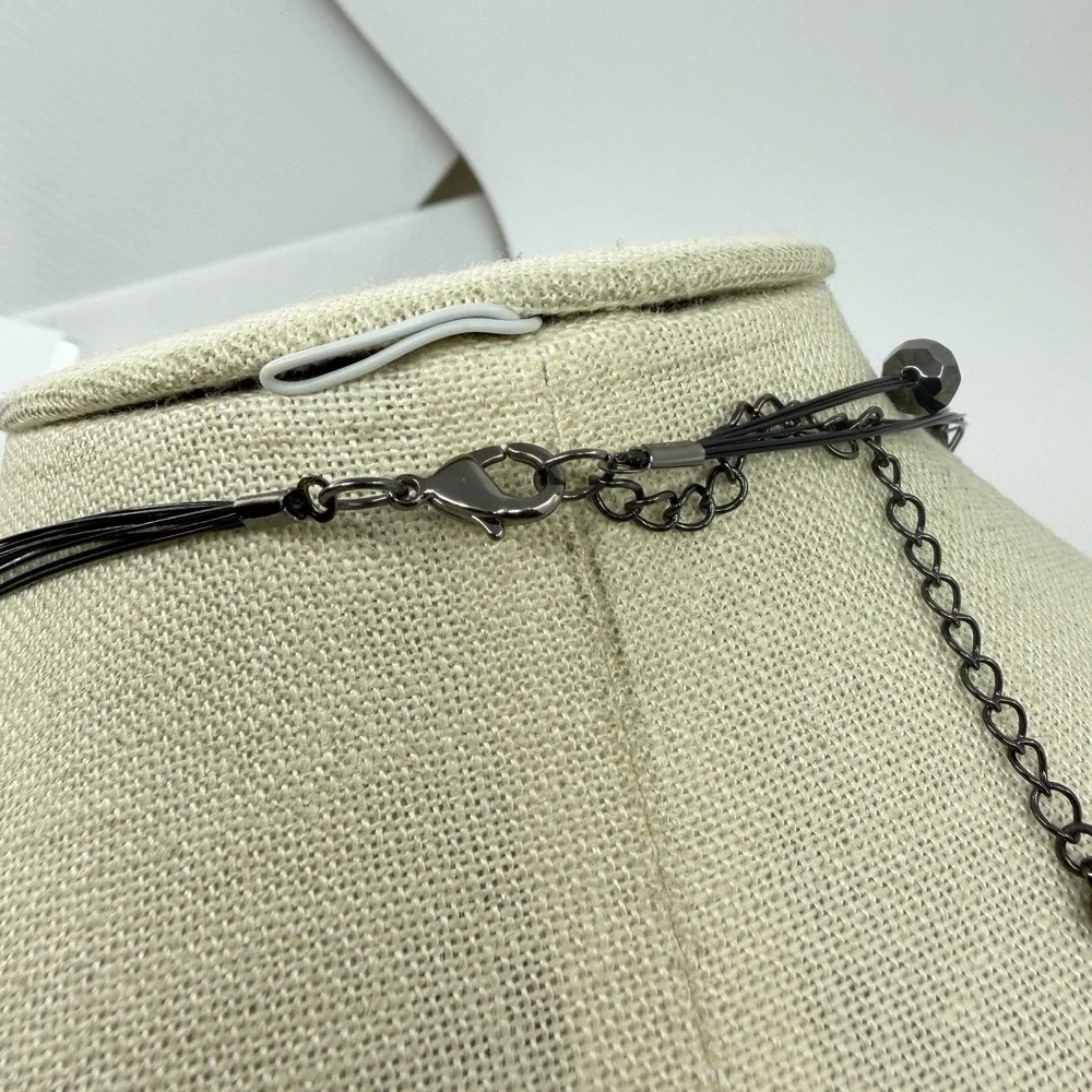 Gunmetal Zebra Teardrop Pendant Multi Strand Wire Necklace Statement Jewelry